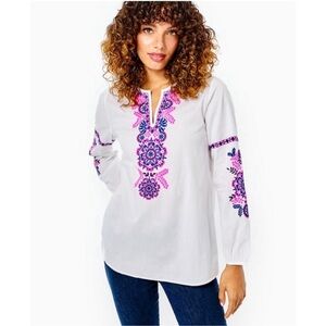 NWT Coretta Tunic Lilly Pulitzer Resort White Blouse with Pink Purple Embroidery